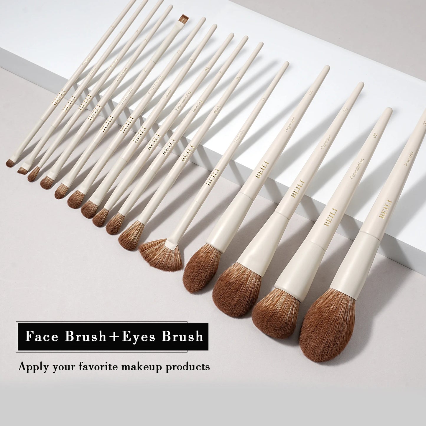 BEILI 15 PCS Makeup Brush Sets Beige Synthetic Hair Brush Foundation Contour Eyeshadow Eyeliner Blush Blending Highlight Brush
