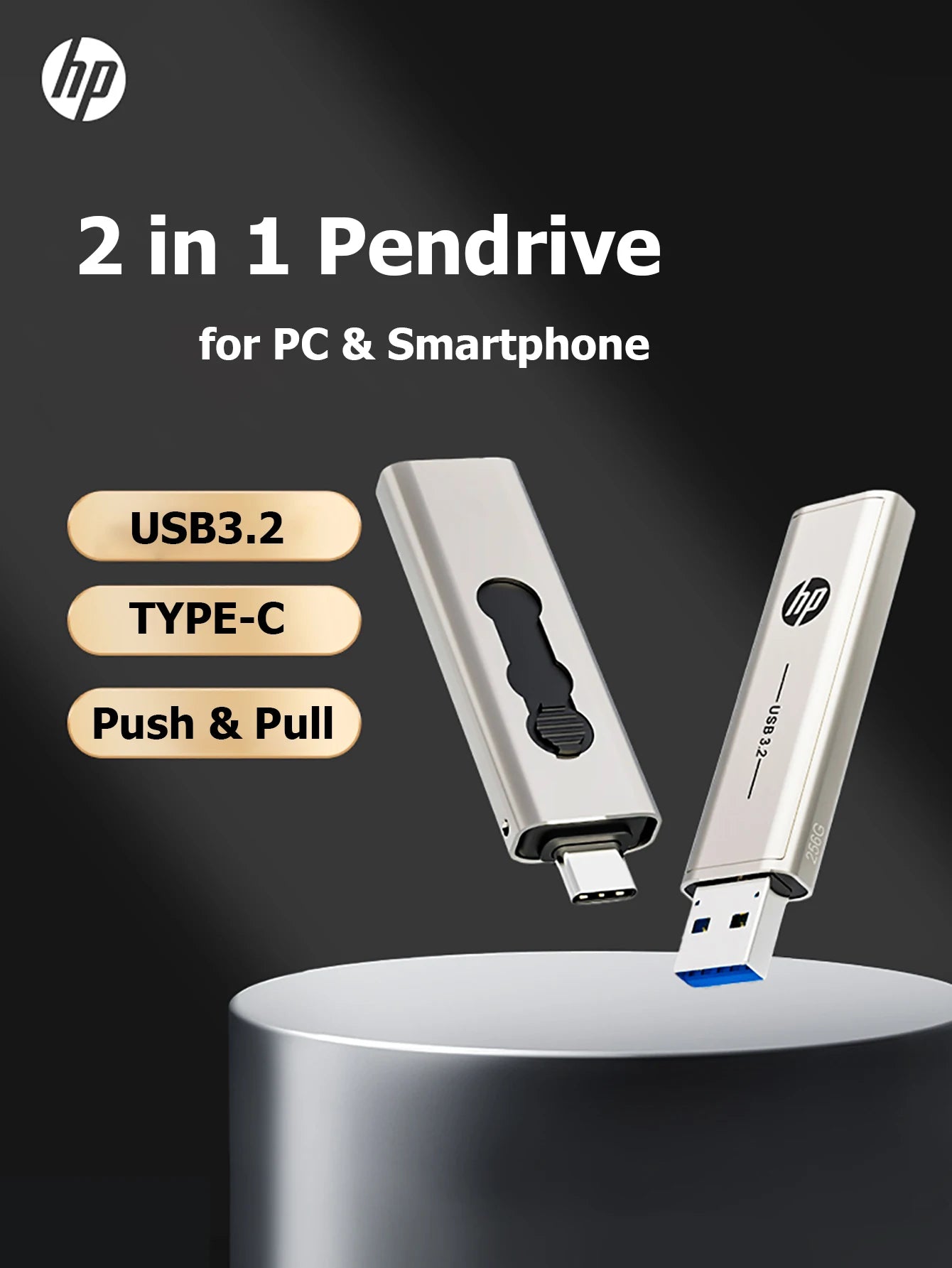 HP Type C Flash Drive 64GB 128GB 256GB 2 in 1 OTG USB3.2 Dual Use USB Flash Drive for Computer Mobile Phone Mini PC