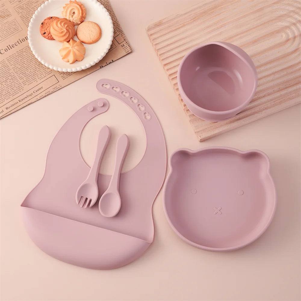 Kids 5PCS Food Grade Silicone Feeding Set Sucker Dishes Plate Self Feeding Bowl BPA Free Toddler Meal Essentials