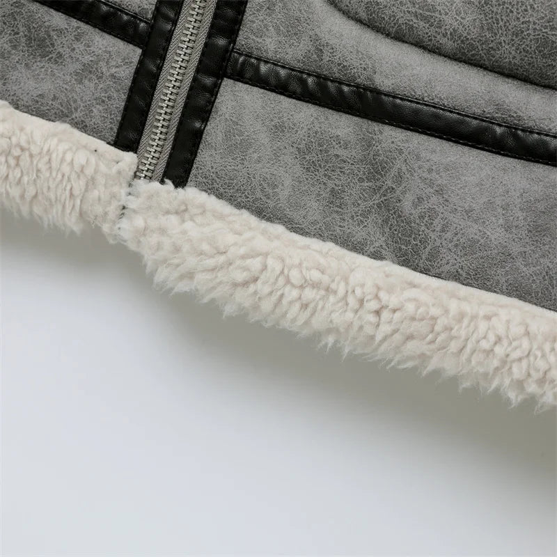 RARF 2024 men's new gray thick lapel fur one fleece double-sided jacket Warm men's motorcycle jacket top