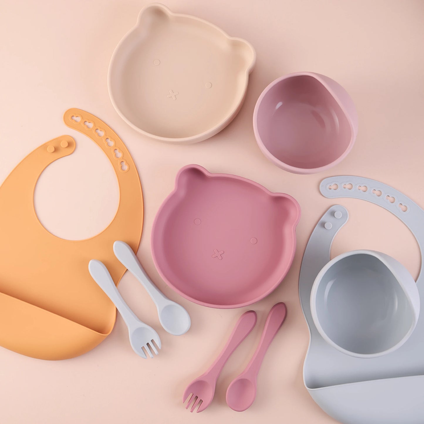 Kids 5PCS Food Grade Silicone Feeding Set Sucker Dishes Plate Self Feeding Bowl BPA Free Toddler Meal Essentials