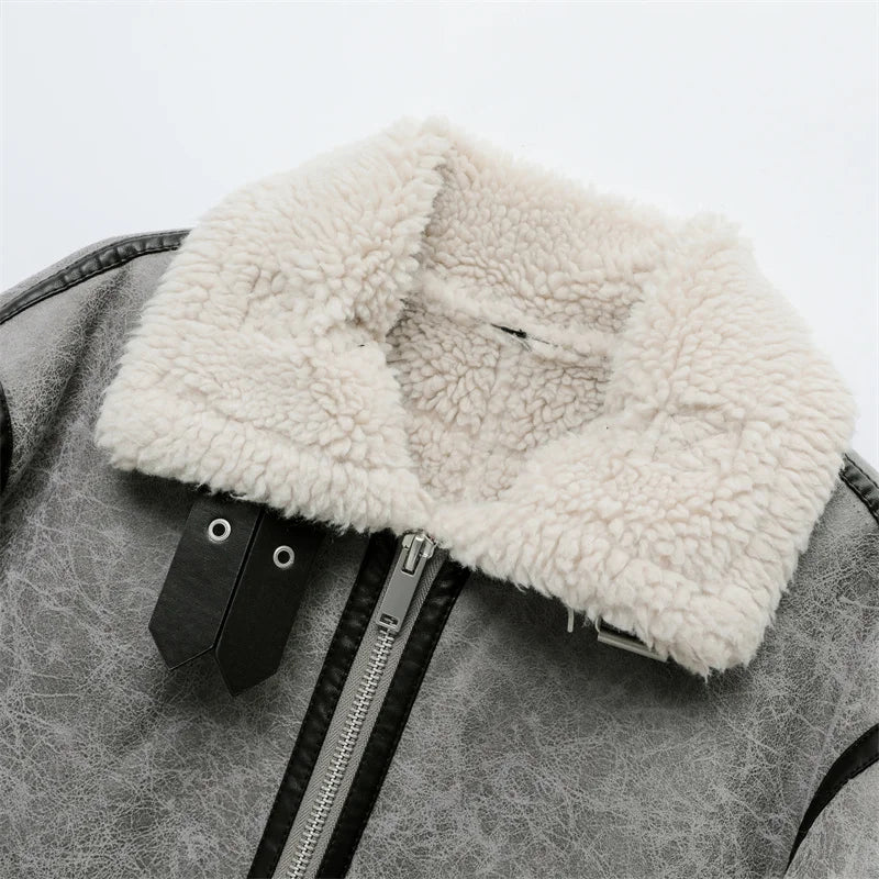 RARF 2024 men's new gray thick lapel fur one fleece double-sided jacket Warm men's motorcycle jacket top