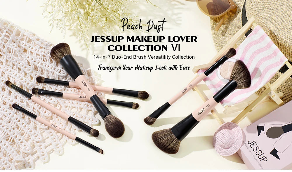 Jessup Double Sided Makeup Brush with Sponge , 3/5/7PCS Eyeshadow Makeup Brushes Set Vegan Hair Powder Contour Highlighter