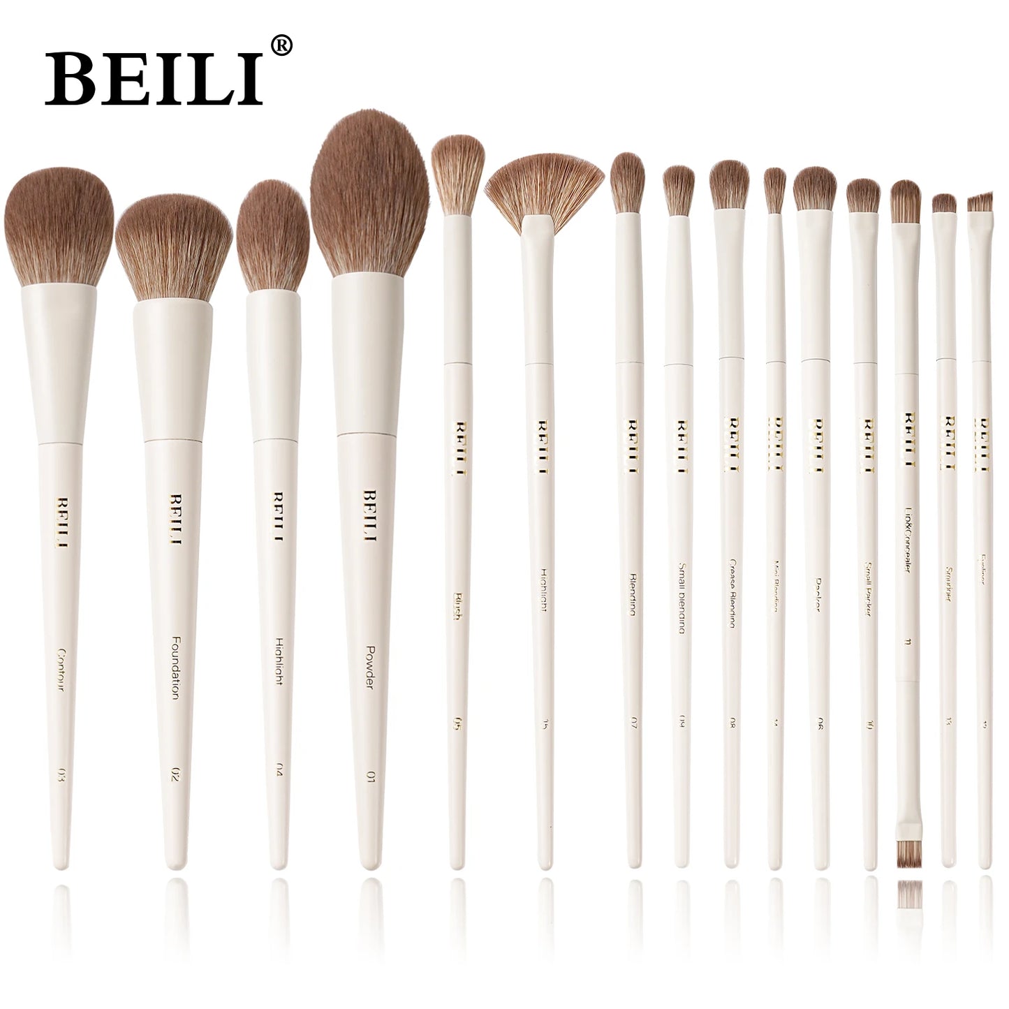 BEILI 15 PCS Makeup Brush Sets Beige Synthetic Hair Brush Foundation Contour Eyeshadow Eyeliner Blush Blending Highlight Brush