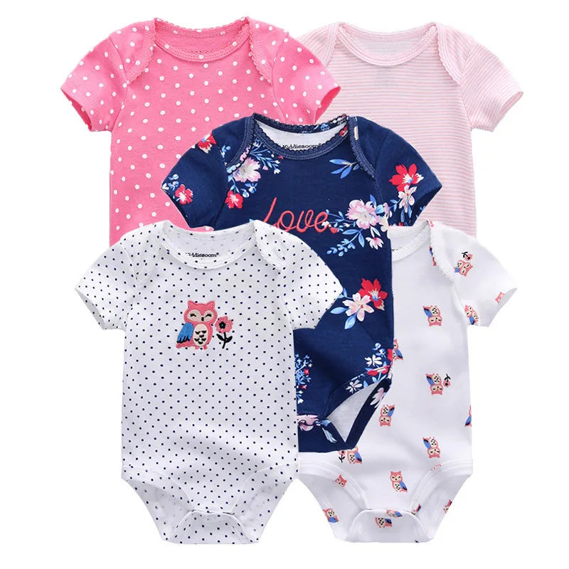 Kiddiezoom 5 Pcs Four Seasons Fashion Cartoon Short Sleeve Baby Boy Girl Bodysuits Soft 100%Cotton Newborn Onesies Clothes