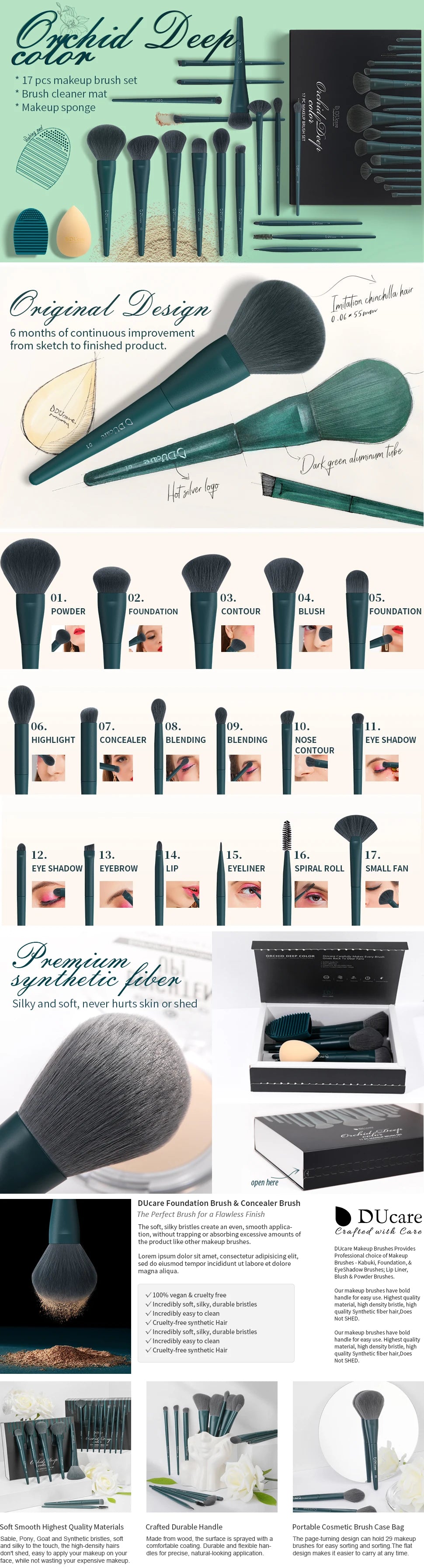 DUcare Professional Makeup Brushes kits Synthetic Hair 17Pcs with Sponge & cleaning tools Pad for Cosmetics Foundation Eyeshadow