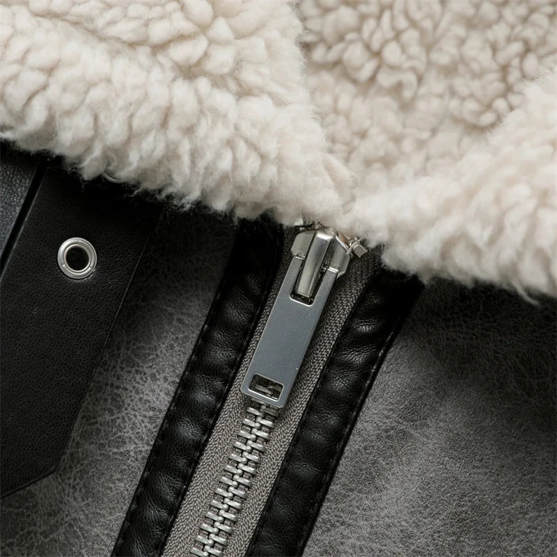 RARF 2024 men's new gray thick lapel fur one fleece double-sided jacket Warm men's motorcycle jacket top