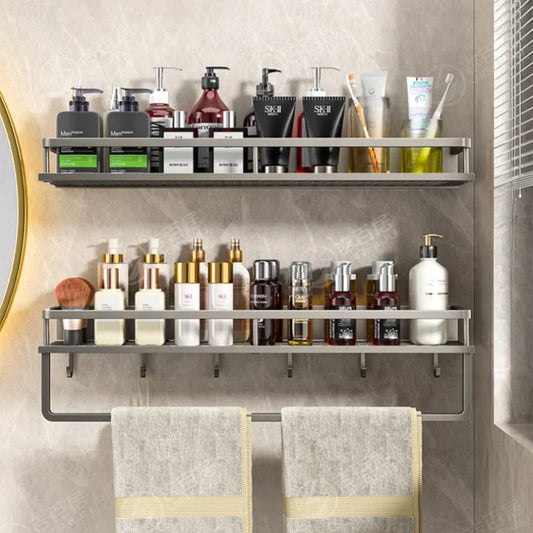Wall Mounted Bathroom Shelf Punch-free Shampoo Storage Rack For Kitchen Holder Square Aluminum Bath Rack Organizer Accessories