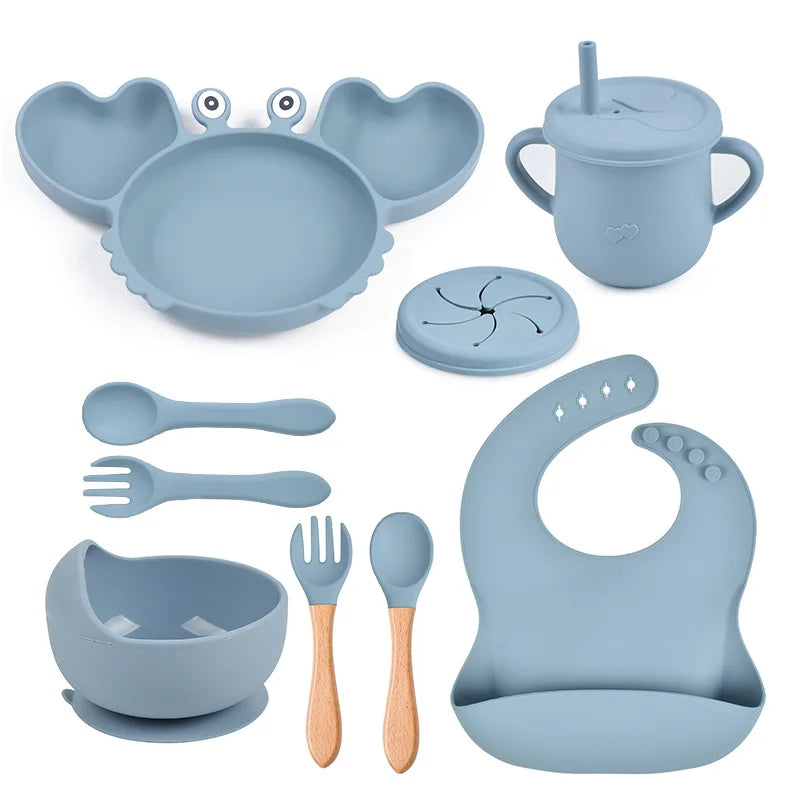 9Pcs Baby Silicone non-Slip Suction Bowl Plate Spoon Waterproof Bib Cup Set Baby Crab Dishes Food Feeding Bowl for Kids BPA Free