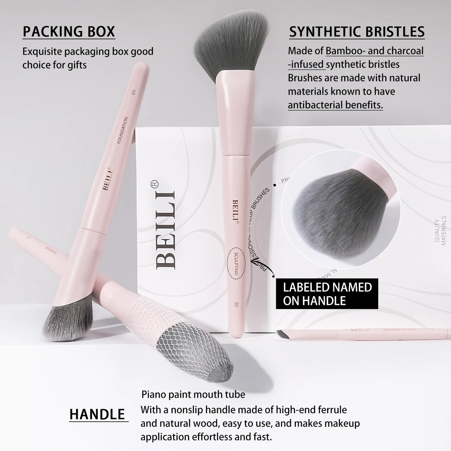 BEILI 12/15 PCS Professional Makeup Brushes Sets Vegan Premium Cosmetics Tool Kakubi Powder Angled Contour Blush Eyeshadow Brush