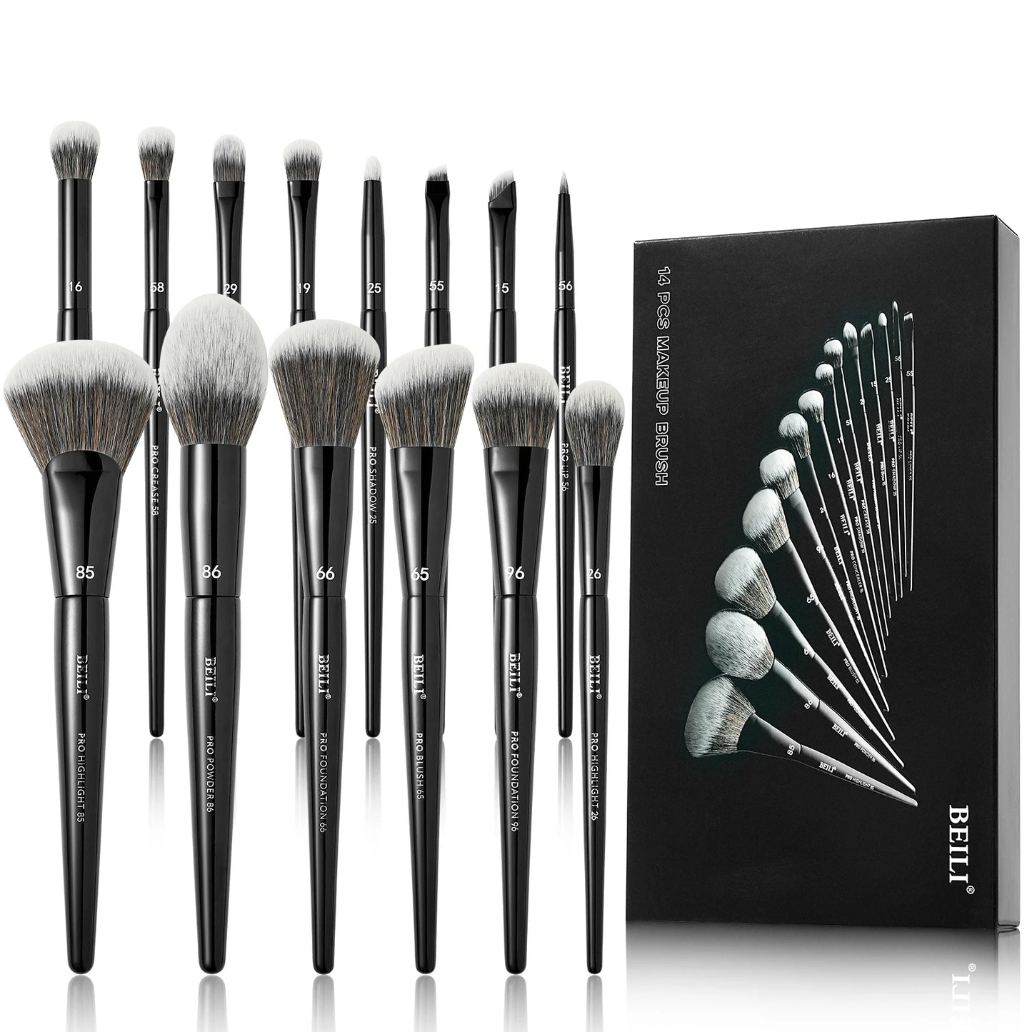 BEILI Black Makeup Brush Set 14 Pcs Vegan Pro Powder Foundation Eyeshadow Highlighter Concealer Blush Eyebrow Brushes Beauty Kit