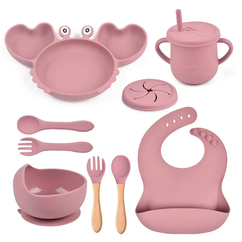 9Pcs Baby Silicone non-Slip Suction Bowl Plate Spoon Waterproof Bib Cup Set Baby Crab Dishes Food Feeding Bowl for Kids BPA Free
