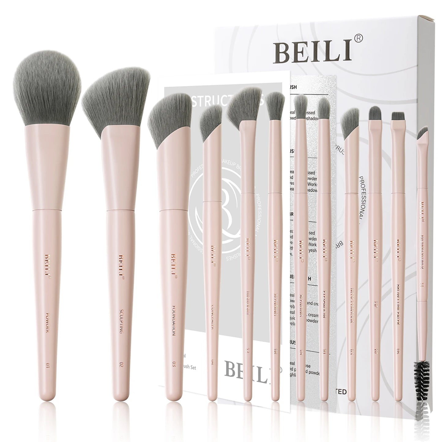 BEILI 12/15 PCS Professional Makeup Brushes Sets Vegan Premium Cosmetics Tool Kakubi Powder Angled Contour Blush Eyeshadow Brush