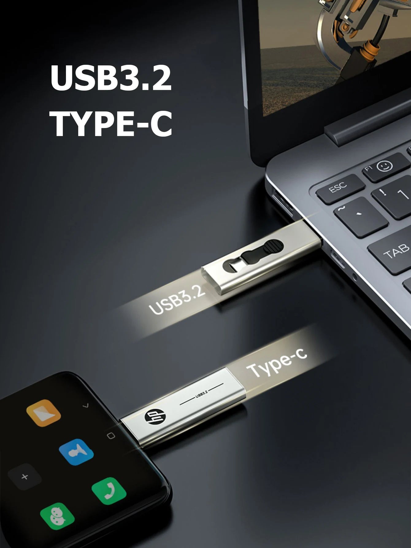 HP Type C Flash Drive 64GB 128GB 256GB 2 in 1 OTG USB3.2 Dual Use USB Flash Drive for Computer Mobile Phone Mini PC