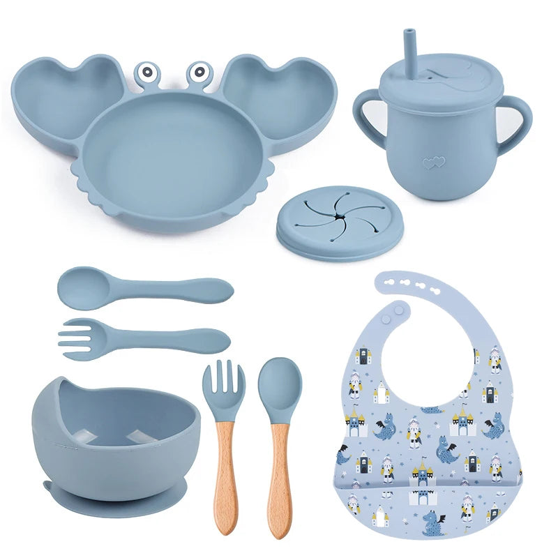 9Pcs Baby Silicone non-Slip Suction Bowl Plate Spoon Waterproof Bib Cup Set Baby Crab Dishes Food Feeding Bowl for Kids BPA Free