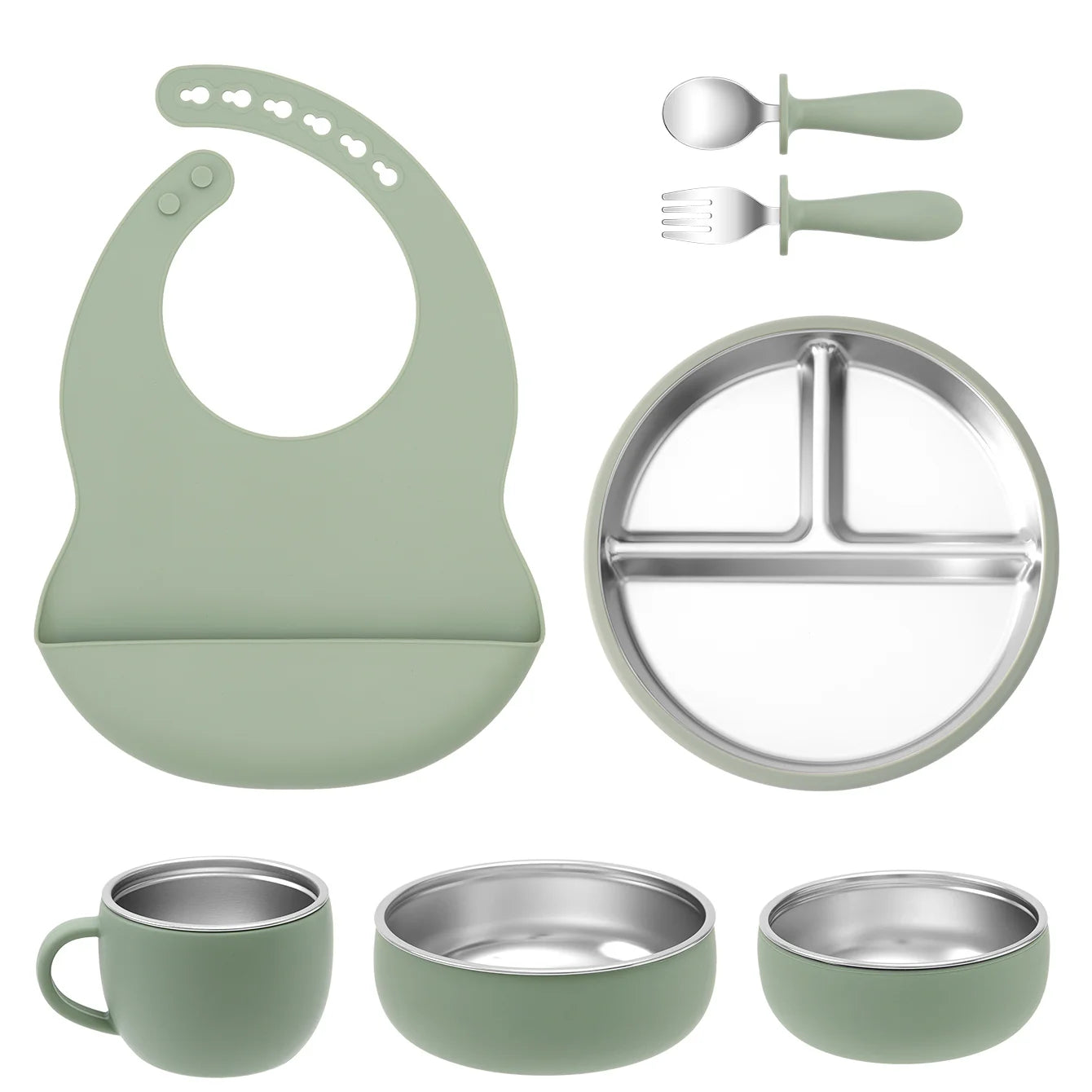 Kids 7PCS Stainless Steel & Silicone Feeding Set Sucker Dishes Plate Bowl BPA Free Toddler Bib Fork Spoon Cup Baby Stuff