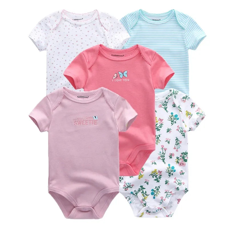 Kiddiezoom 5 Pcs Four Seasons Fashion Cartoon Short Sleeve Baby Boy Girl Bodysuits Soft 100%Cotton Newborn Onesies Clothes