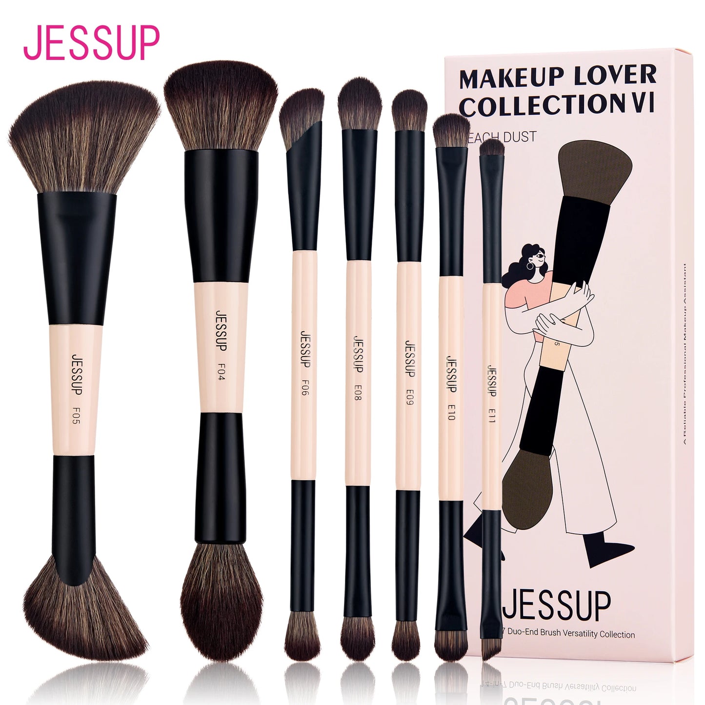 Jessup Double Sided Makeup Brush with Sponge , 3/5/7PCS Eyeshadow Makeup Brushes Set Vegan Hair Powder Contour Highlighter