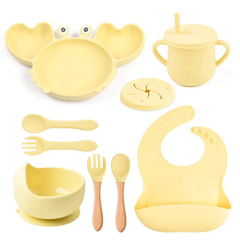 9Pcs Baby Silicone non-Slip Suction Bowl Plate Spoon Waterproof Bib Cup Set Baby Crab Dishes Food Feeding Bowl for Kids BPA Free