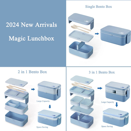 2in1 Bento Box,2 Layer Lunch Box for Adult Kids, 63oz Stackable Lunch Container with Spoons & forks,Leak Proof,Microwave Safe