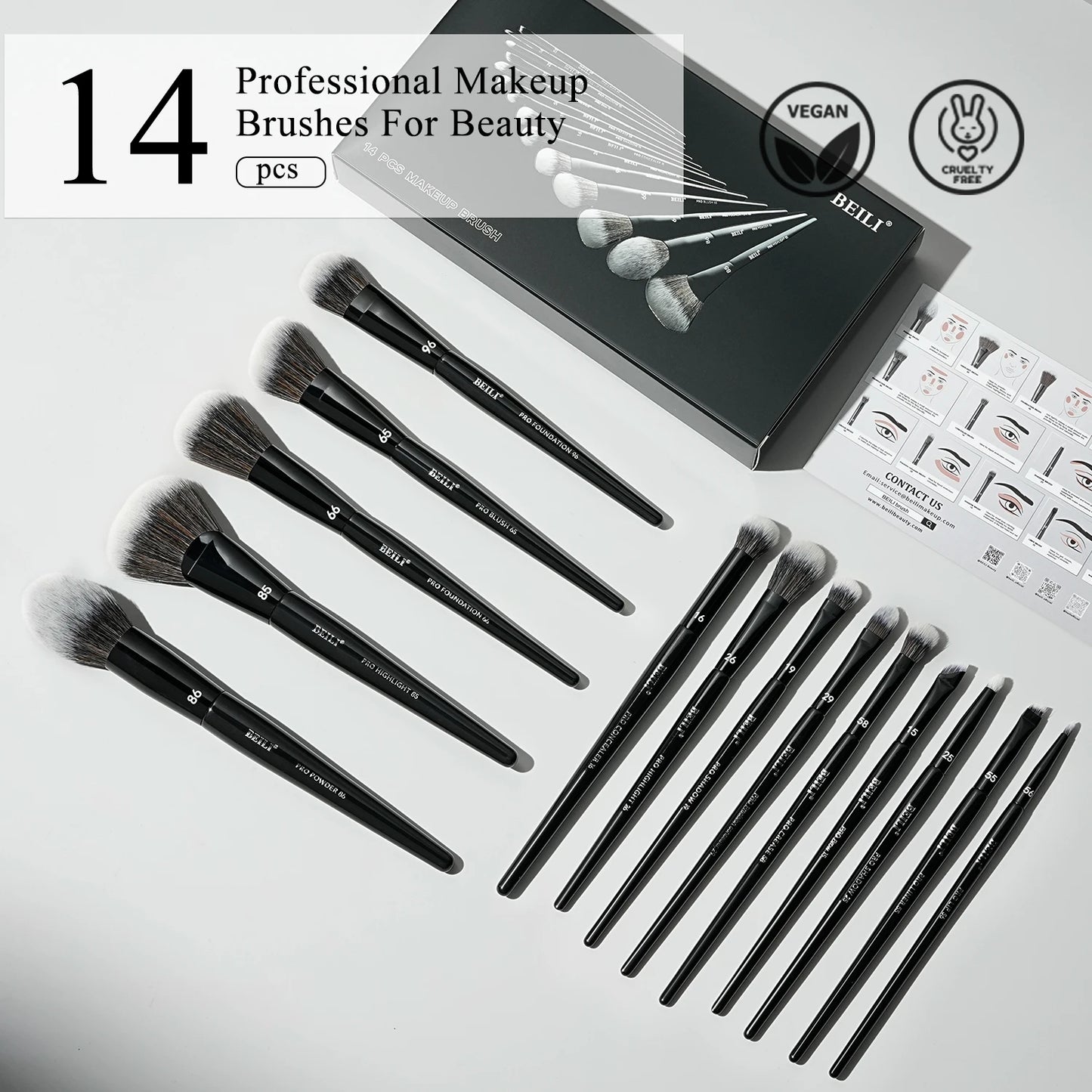 BEILI Black Makeup Brush Set 14 Pcs Vegan Pro Powder Foundation Eyeshadow Highlighter Concealer Blush Eyebrow Brushes Beauty Kit