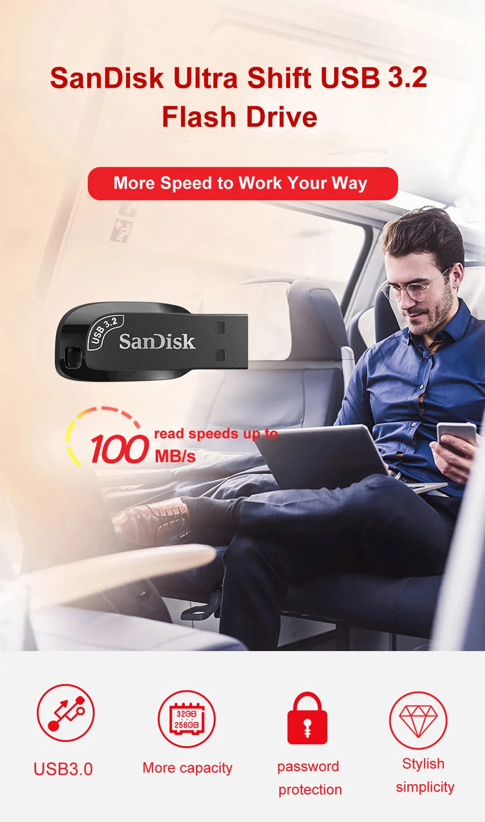 SanDisk Ultra Shift USB 3.0 Flash Drive 256GB 128GB 64GB 32GB Read Speed up to 100MB/s USB Flash Drive Memory Stick Pen Drive