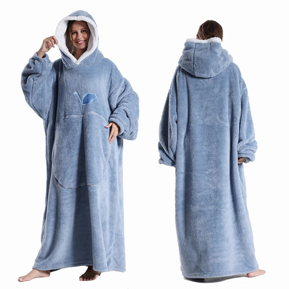 Winter Hooded Sweater Blanket Women Oversized Fleece Blanket With Sleeves Large Pocket Warm Thick Hoodie Robe Couple