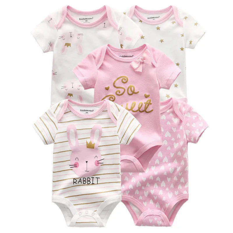 Kiddiezoom 5 Pcs Four Seasons Fashion Cartoon Short Sleeve Baby Boy Girl Bodysuits Soft 100%Cotton Newborn Onesies Clothes