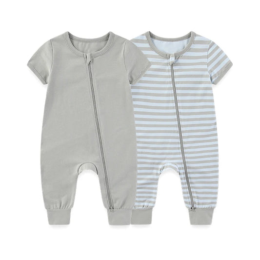 Kiddiezoom 2 Pcs/Lot Unisex Solid Short Sleeve Zipper Baby Boy Girl Romper Cotton Soft Newborn Jumpsuits Clothing
