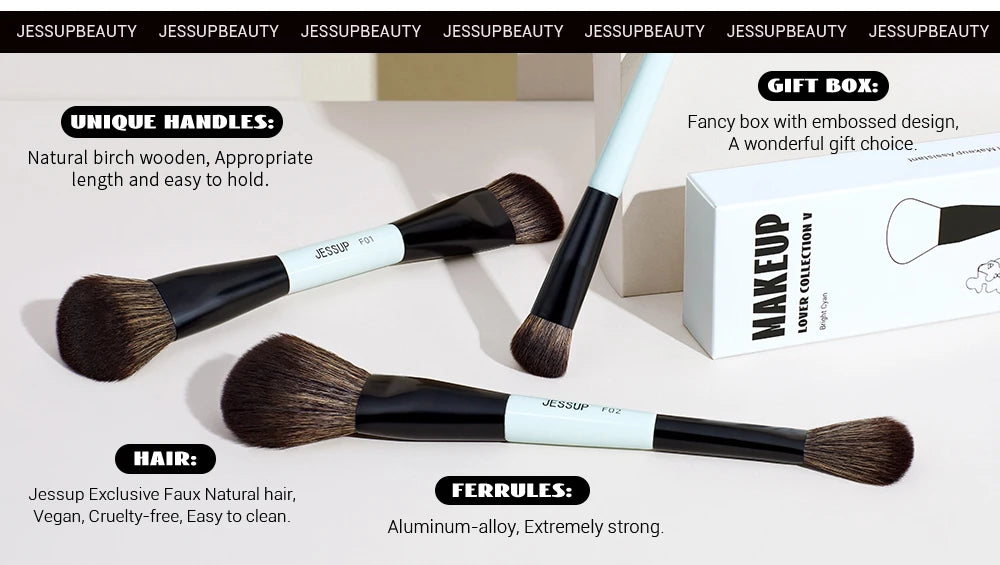 Jessup Face Makeup Brushes Set 2/3/5pcs,Double Ended Makeup Brush Foundation Contour Concealer, Cruelty -free, Bright Cyan T503