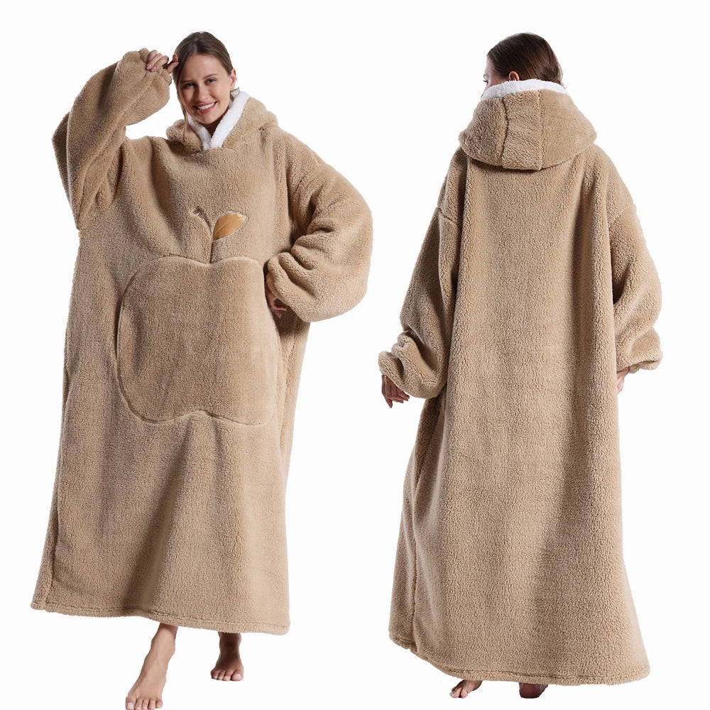 Winter Hooded Sweater Blanket Women Oversized Fleece Blanket With Sleeves Large Pocket Warm Thick Hoodie Robe Couple