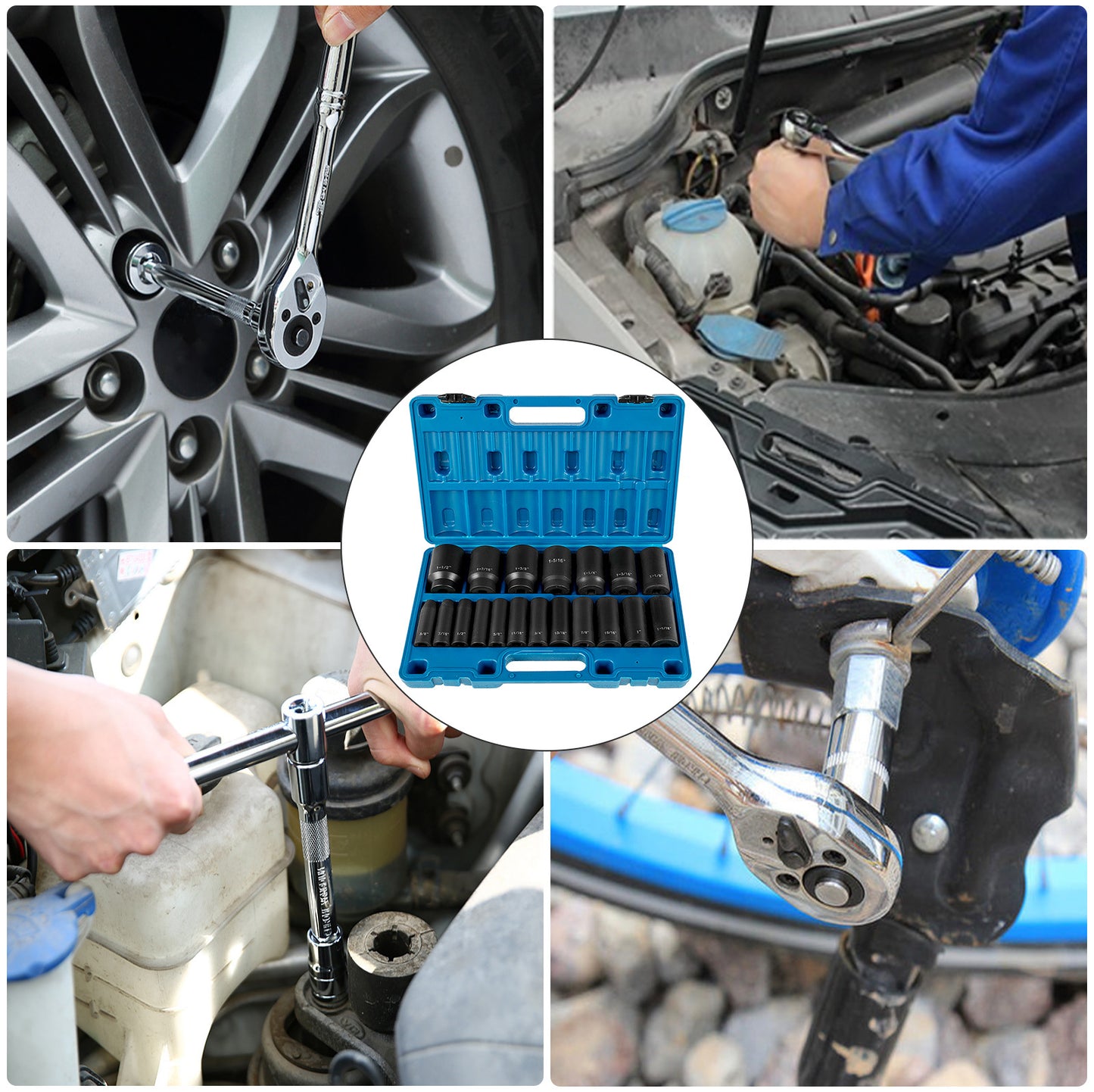 VEVOR Impact Socket Set 19 Piece Impact Sockets, Deep Socket, 6-Point Sockets, Rugged Construction, Cr-V, With A Storage Cage