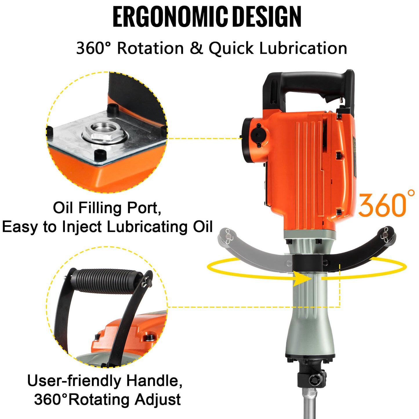 VEVOR Demolition Jack Hammer, 2200W 1400 BPM Jack Hammer Concrete Breaker, Heavy Duty Electric Jack Hammer 6pcs Chisels Bit With Gloves, Swiveling Front Handle For Trenching And Breaking Holes