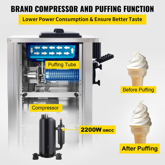 VEVOR Commercial Ice Cream Machine 5.3 To 7.4Gal Per Hour Soft Serve With LED Display Auto Clean 3 Flavors Perfect For Restaurants Snack Bar, 2200W, Sliver