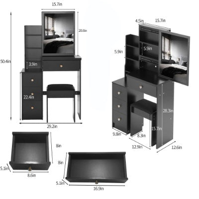 Cabinet Vanity Table Cushioned Stool, Extra Large Right Sliding Mirror, Multi Layer High Capacity Storage, Practical Fashionable Dresser, Suitable For Small Space