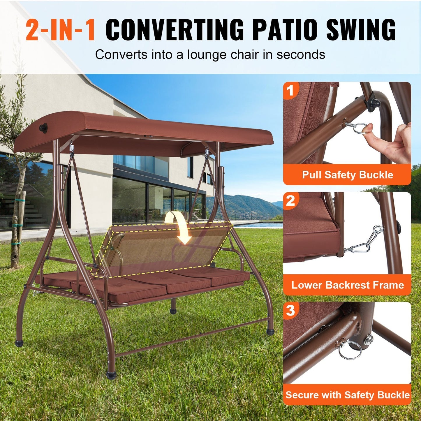 VEVOR 3-Seat Patio Swing Chair, Converting Canopy Swing, Outdoor Patio Porch With Adjustable Canopy, Removable Thick Cushion And Alloy Steel Frame, For Balcony, Backyard, Poolside, Brown