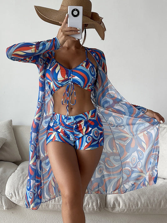 3pcs  Bikini With Long Sleeve Cardigan Fashion Summer Beach Swimsuit Women