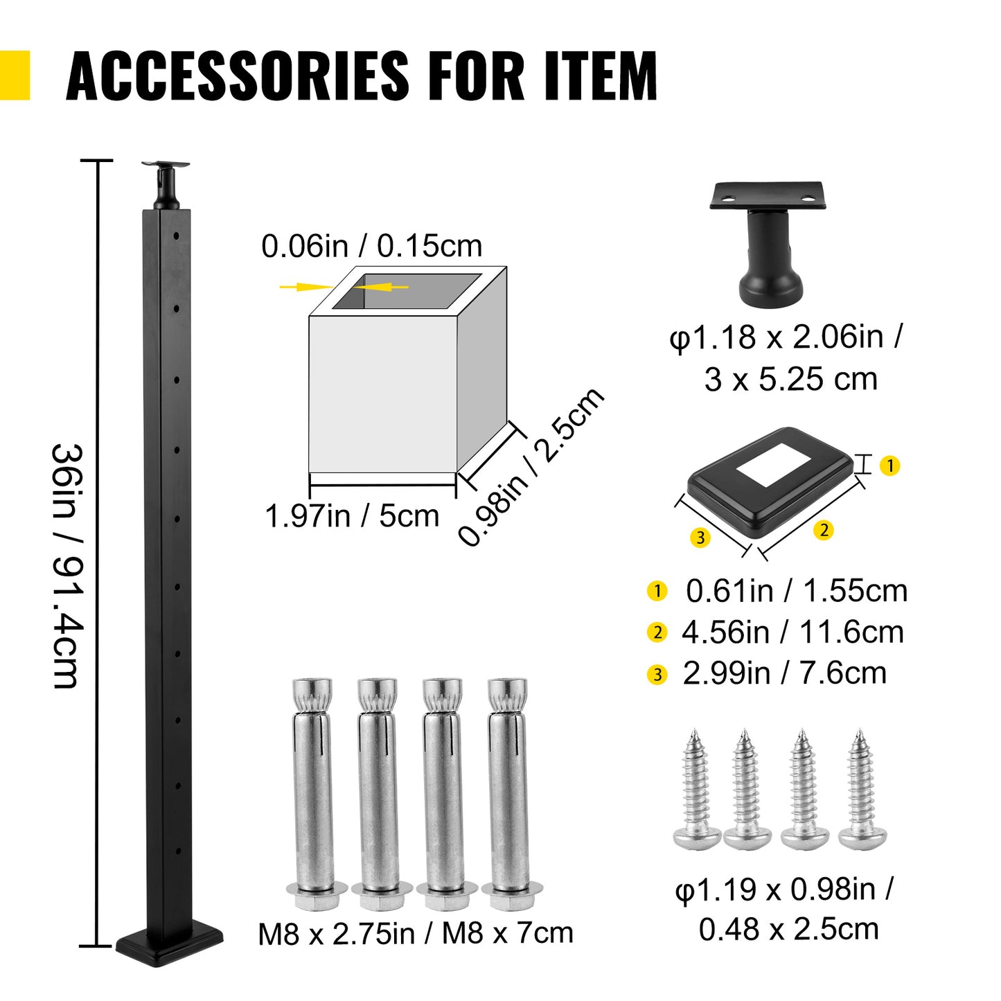 VEVOR Cable Railing Post Level Deck Stair Post Cable Handrail Post Stainless Steel Brushed Finishing Deck Railing Pre-Drilled Pickets With Mounting Bracket Stair Railing Kit Black