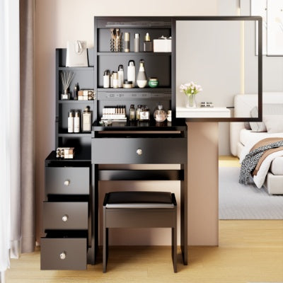 Cabinet Vanity Table Cushioned Stool, Extra Large Right Sliding Mirror, Multi Layer High Capacity Storage, Practical Fashionable Dresser, Suitable For Small Space