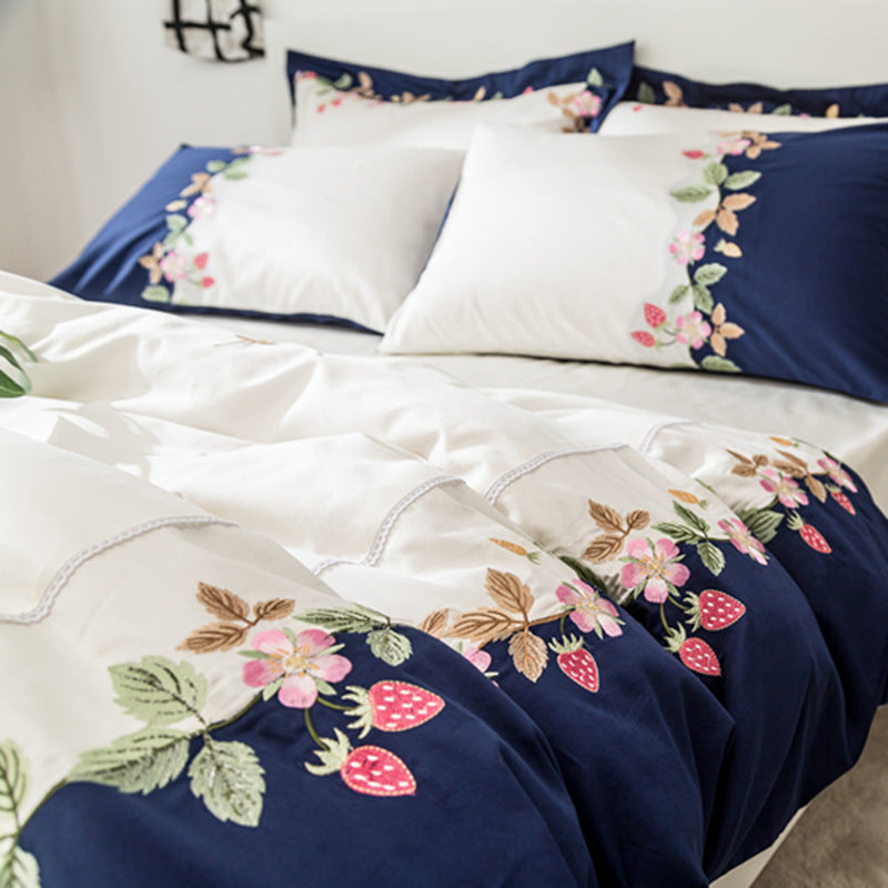Four-piece Floral Embroidery Strawberry Quilt Cover