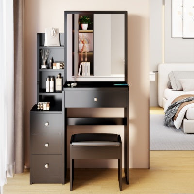 Cabinet Vanity Table Cushioned Stool, Extra Large Right Sliding Mirror, Multi Layer High Capacity Storage, Practical Fashionable Dresser, Suitable For Small Space