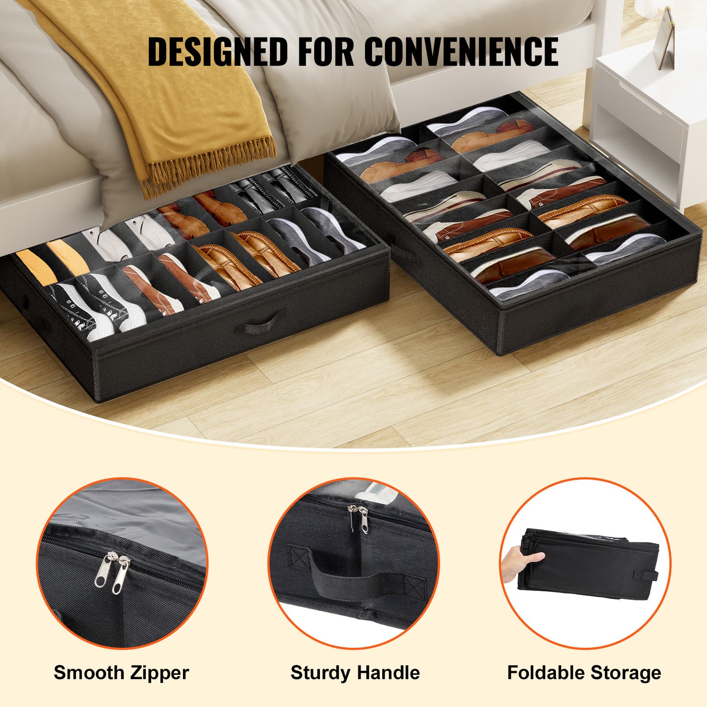 Vevor Sturdy Under Bed Shoe Storage Organizer, Set Of 2, 32 Compartments, Underbed Shoes Closet Storage Solution With Clear Window, Breathable,