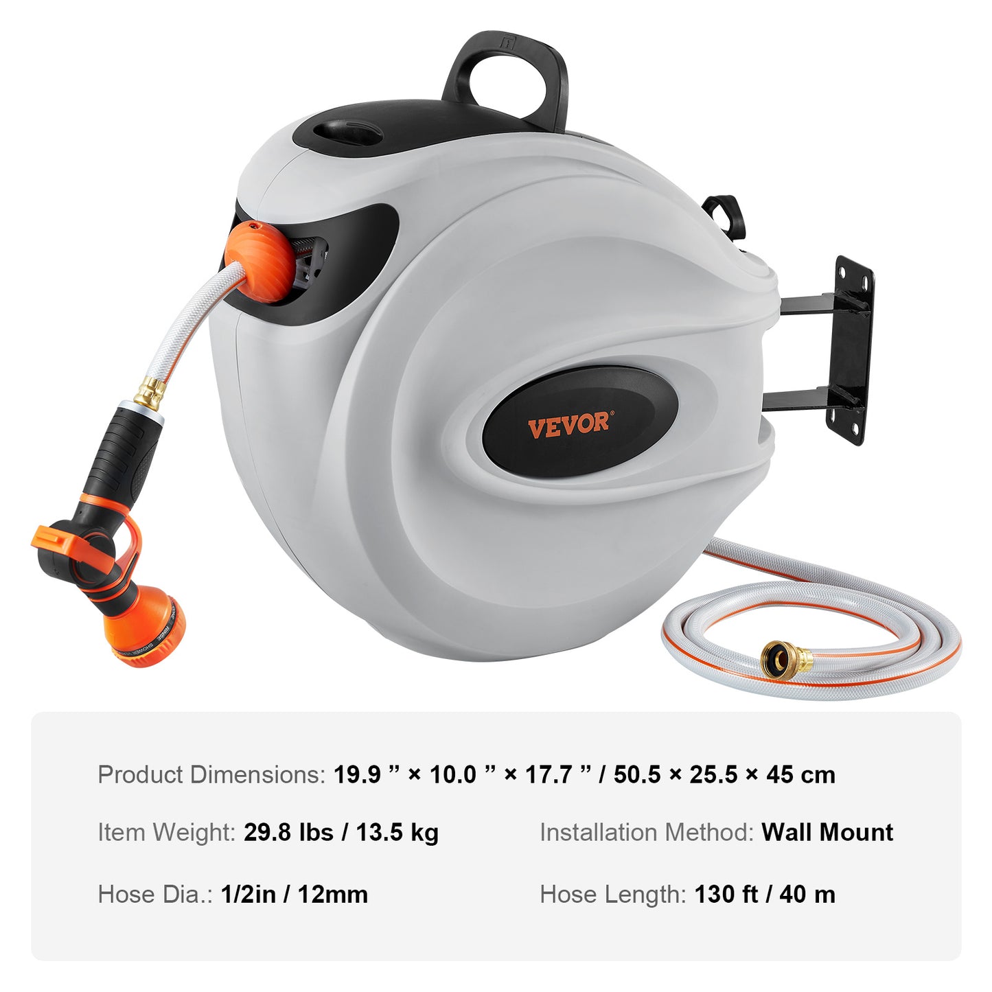 VEVOR Retractable Hose Reel Water Hose Reel 130inch Swivel Wall-Mounted