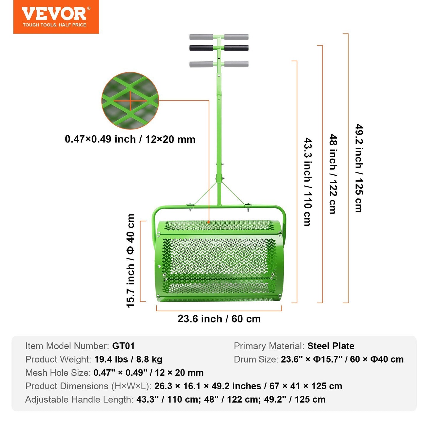 VEVOR Compost Spreader Peat Moss Spreader Push Tow-Behind Lawn Roller Green