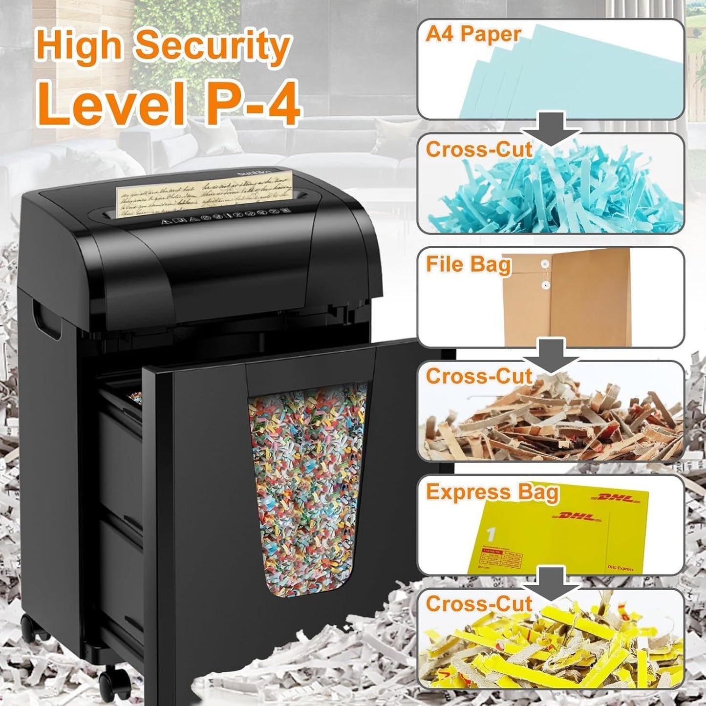 Woolsche Paper Shredder,18 Sheet Cross Cut Level P4,Shred Paper,Credit Card,CD,With Large Pull Out Bin,Insert Auto Jam Proof System Shredder For Home&Office