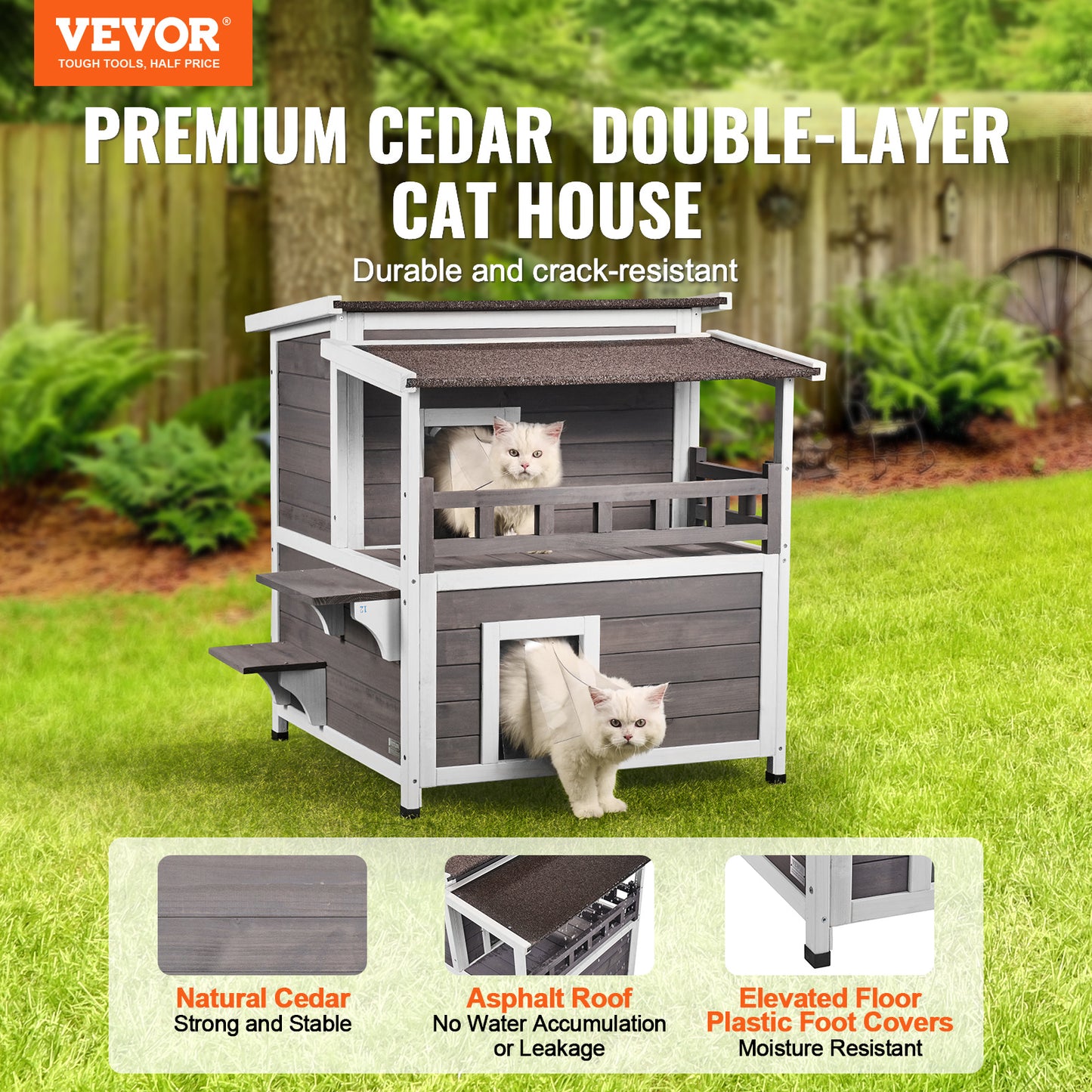 VEVOR Outdoor Cat House 2-story Wooden Feral Cat Shelter With Balcony & Roof