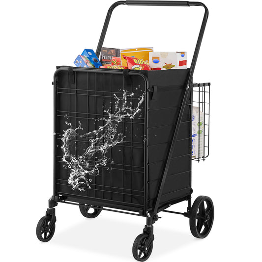 VEVOR Folding Shopping Cart With Removable Waterproof Liner, 330LBS Large Capacity Jumbo Grocery Cart With Dual Basket,  Swivel Wheels, Dense Metal Mesh Base, Heavy Duty Utility Cart For Shopping