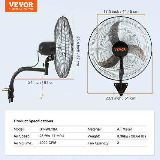 VEVOR Wall Mount Fan, 2 PCS 18 Inch Oscillating, 3-speed High Velocity Max. 4000 CFM Industrial Wall Fan For Indoor, Commercial, Residential, Warehouse, Greenhouse, Workshop, Basement, Garage,Black