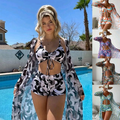 3pcs  Bikini With Long Sleeve Cardigan Fashion Summer Beach Swimsuit Women