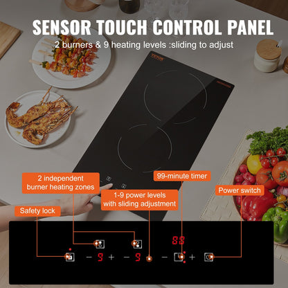 VEVOR Built In Electric Stove Top, 20 X 11.6 Inch 2 Burners, 240V Glass Radiant Cooktop With Sensor Touch Control, Timer & Child Lock Included, 9 Power Levels For Simmer Steam Slow Cook Fry